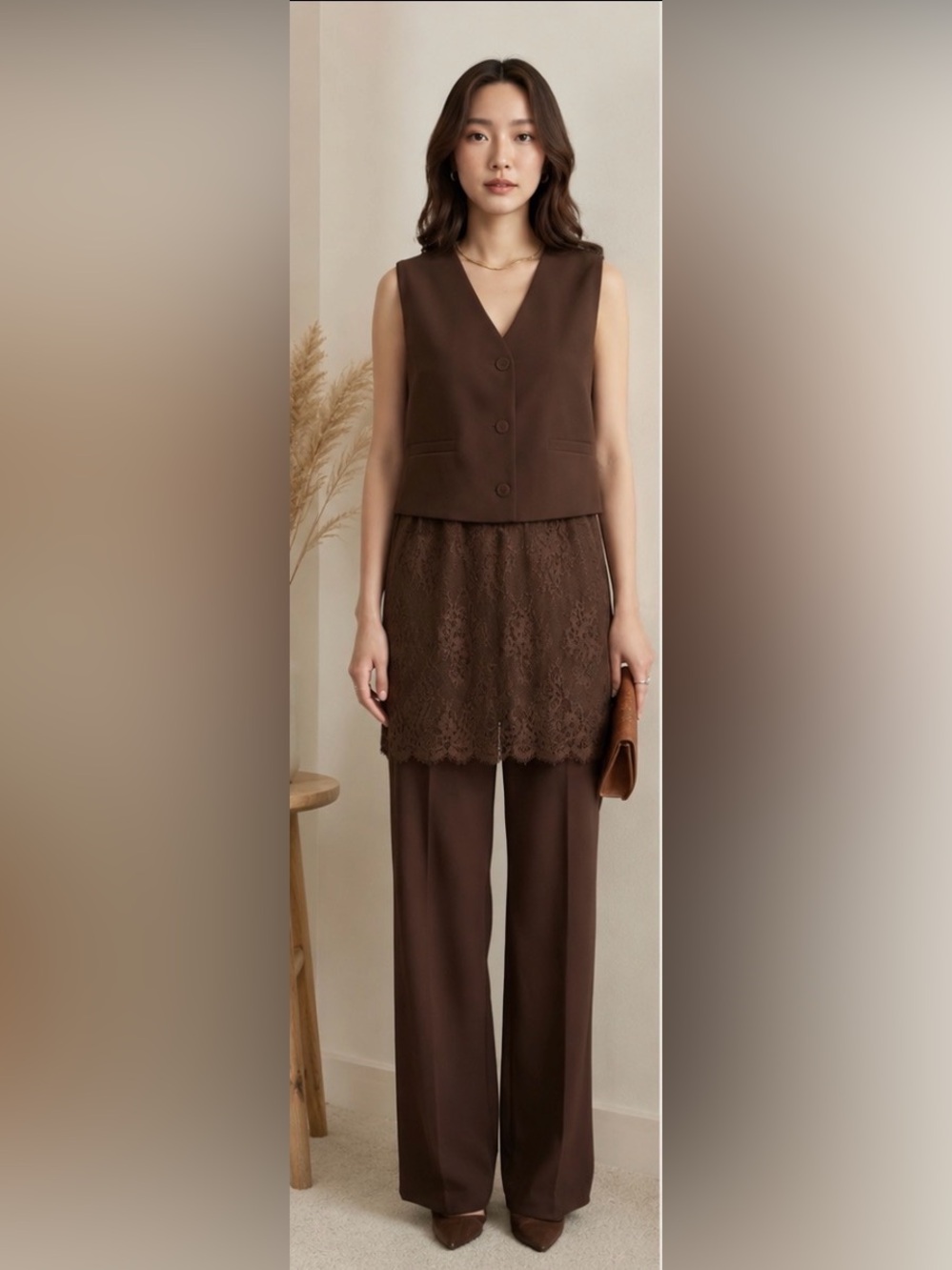 Women's Vest Brown Lace Hem with Pants- Elegant Style